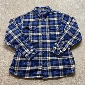 Orvis Shirt Mens Large Blue White Plaid Flannel Double Pocket Heavyweight Cotton